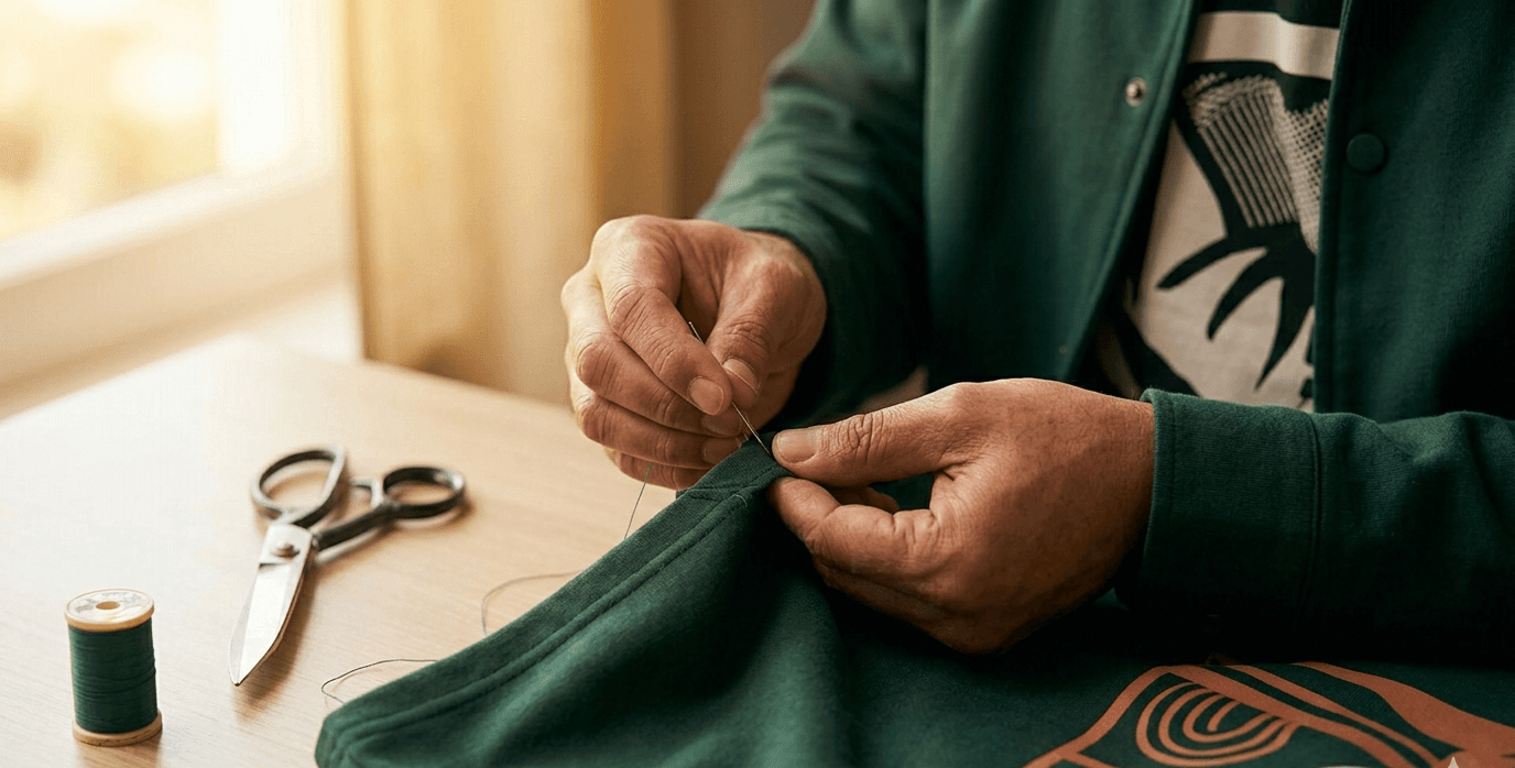 Craftsperson hand-stitching a Chino garment